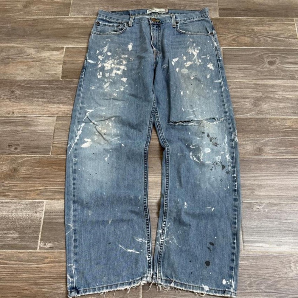 Y2k 2000s Baggy Loose Straight Blue Denim Jeans White Paint Splatters size 34